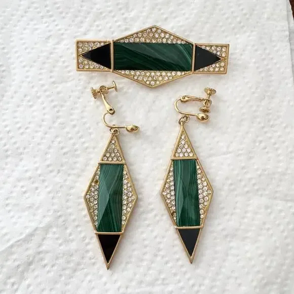 Yamada Tokyo Rare Signed Brooch Earrings Emerald Green Malachite